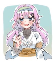1girl blue_eyes blush embarrassed highres long_hair long_sleeves looking_at_viewer official_alternate_costume official_alternate_hairstyle open_mouth pink_hair priscilla_(rune_factory) rune_factory rune_factory_5 shi_yaba_yaba shirt solo two-tone_headband white_shirt