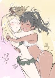 Rule 34 | 2girls, aohashi ame, bikini, bikini skirt, bird, black hair, blonde hair, blush, breasts, closed eyes, closed mouth, flying squirrel, green bikini, hairband, highres, hug, kiwi (bird), luminous witches, manaia matawhaura hato, maria magdalena dietrich, multiple girls, open mouth, short hair, sketch, small breasts, smile, squirrel, swimsuit, white bikini, world witches series, yuri