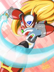 Rule 34 | 1boy, android, armor, blonde hair, blue eyes, chest jewel, clenched hand, energy sword, fontatoba, forehead jewel, gloves, helmet, highres, holding, holding sword, holding weapon, jewelry, long hair, looking at viewer, male focus, mega man (series), mega man x (series), ponytail, reaching, reaching towards viewer, red background, robot, robot ears, shoulder armor, signature, slashing, solo, sword, twitter username, very long hair, weapon, white gloves, z saber, zero (mega man)