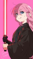 1girl absurdres blue_eyes blush bocchi_the_rock! energy_sword gloves gotoh_hitori highres holding holding_sword holding_weapon lightsaber long_hair looking_at_viewer pink_background pink_hair red_lightsaber simple_background single_glove sith smile solo star_wars sword tongue tongue_out weapon zetsuyo_chimayo