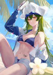 1girl absurdres aoi_tooru arknights bikini bikini_under_clothes blue_bikini blue_sky breasts can closed_mouth day earrings flower gavial_(arknights) gavial_the_invincible_(arknights) gavial_the_invincible_(holiday)_(arknights) green_hair hat highres holding holding_can jacket jewelry knee_up long_hair long_sleeves looking_at_viewer material_growth medium_breasts navel off_shoulder open_clothes open_fly open_shirt open_shorts orange_eyes oripathy_lesion_(arknights) outdoors pointy_ears short_shorts shorts single_bare_shoulder sitting sky smile solo stomach swimsuit tattoo underboob very_long_hair white_flower white_hat white_jacket white_shorts