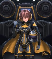 1girl absurdres aircraft_hanger artist_logo blonde_hair brown_eyes brown_hair cape clothes_writing cowboy_shot dark_background eagle_1_(helldivers) freckles helldivers_(series) helmet highres holding holding_helmet logo looking_at_viewer multicolored_hair pilot_helmet short_hair skull_print spacecraft spiritdraws starfighter super_earth_salute_(helldivers) two-tone_hair unworn_headwear unworn_helmet