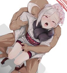 1boy 1girl bad_id bad_twitter_id bald blue_archive blush clothed_female_nude_male fingering flat_chest flower hair_flower hair_ornament halo hat hetero highres japanese_clothes kimono loli meyu muscular muscular_male mutsuki_(blue_archive) mutsuki_(new_year)_(blue_archive) nude open_mouth pink_eyes saliva scarf tongue tongue_out torogao white_hat