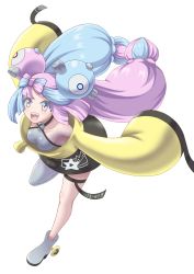 Rule 34 | bow-shaped hair, breasts, character hair ornament, creatures (company), game freak, grey pantyhose, hair ornament, hexagon print, highres, iono (pokemon), jacket, long hair, long sleeves, low-tied long hair, multicolored hair, nintendo, ossannoa, oversized clothes, pantyhose, pokemon, pokemon sv, sharp teeth, single leg pantyhose, sleeves past fingers, sleeves past wrists, small breasts, split-color hair, symbol in eye, teeth, very long sleeves, x, yellow jacket