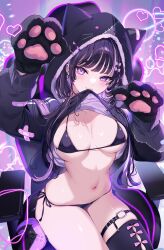 1girl absurdres animal_hands animal_hood bikini blush bow breasts cat_hood cleavage commentary_request ear_piercing gloves hair_bow hair_ornament hands_up highres hood kat_(bu-kunn) large_breasts long_hair long_sleeves looking_at_viewer micro_bikini navel original parted_lips paw_gloves piercing purple_bikini purple_bow purple_eyes purple_hair purple_thighhighs side-tie_bikini_bottom single_thighhigh smile solo stomach swimsuit thighhighs thighs