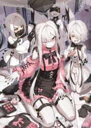 4girls black_ribbon blue_archive ein_(blue_archive) hair_between_eyes hair_over_one_eye highres jirai_kei kokukyukeo long_hair looking_at_viewer malkuth_(blue_archive) multiple_girls ohr_(blue_archive) one_eye_covered pink_shirt ribbon shirt sof_(blue_archive) symbol-shaped_pupils thighs white_hair x-shaped_pupils yellow_eyes