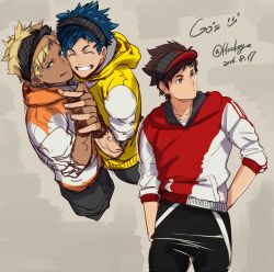 2016 3boys black_pants blonde_hair blue_hair brown_eyes brown_hair closed_eyes creatures_(company) dark_skin face-to-face fingerless_gloves game_freak gloves grin haskey_ hood hoodie interlocked_fingers licking_lips looking_to_the_side male_focus male_protagonist_(pokemon_go) multiple_boys multiple_persona nintendo orange_hoodie pants pokemon pokemon_go red_hoodie smile tongue tongue_out twitter_username visor_cap yellow_hoodie