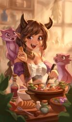 1girl bare_shoulders black_horns bottle breasts brown_eyes brown_hair cleavage cooking cork dragon dragon_girl food hand_up highres holding holding_spoon horns im_hidari_mimi leaf long_hair medium_breasts onion open_mouth original pointy_ears ponytail shelf smile solo spoon tomato upper_body