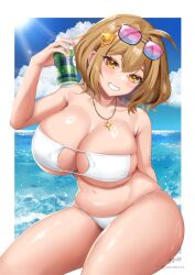 1girl ahoge anis_(nikke) anis_(sparkling_summer)_(nikke) bare_shoulders bikini blush breasts brown_hair cleavage eburi_a eyepatch_bikini eyewear_on_head goddess_of_victory:_nikke highres jacket jewelry large_breasts looking_at_viewer navel necklace official_alternate_costume plump short_hair smile solo sunglasses swimsuit thighs tinted_eyewear white_bikini yellow_jacket