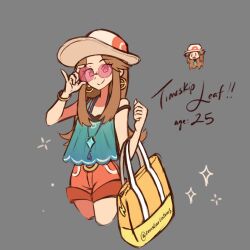 1girl adjusting_eyewear aged_up alternate_costume bag bare_shoulders blue_camisole bracelet brown_hair camisole character_name constarlations creatures_(company) cropped_legs earrings elbow_carry game_freak gold_bracelet handbag hands_up hat highres holding holding_bag jewelry leaf_(pokemon) long_hair long_sidelocks necklace nintendo pink-tinted_eyewear poke_ball_earrings pokemon pokemon_frlg pokemon_sm red_shorts round_eyewear shiny_charm_(pokemon) short_shorts shorts sidelocks smile solo sun_hat sunglasses tinted_eyewear white_hat yellow_bag