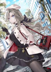 Rule 34 | 1girl, akatsuki hijiri, beret, black dress, black gloves, blue eyes, braid, breasts, dress, fate/grand order, fate (series), gloves, grey pantyhose, hair ribbon, hat, highres, jacket, kriemhild (fate), large breasts, long hair, long sleeves, looking at viewer, mole, mole under eye, pantyhose, ribbon, solo, white hair, white hat, white jacket