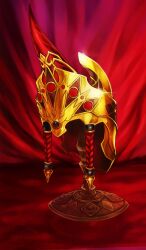 commentary fate/grand_order fate_(series) gold_helmet helmet lasengle no_humans official_art red_background red_theme third-party_source unworn_headwear unworn_helmet