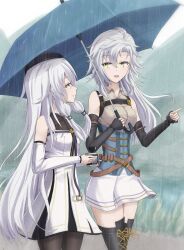 Rule 34 | 2girls, altina orion, bare shoulders, blurry, blurry background, boots, breasts, camera, curtained hair, detached sleeves, eiyuu densetsu, fie claussell, green eyes, hair between eyes, highres, holding, holding camera, holding umbrella, kai no kiseki, kuro no kiseki (series), long hair, low-tied sidelocks, medium breasts, multiple girls, open mouth, outdoors, parted bangs, pointing, rain, sidelocks, skirt, small breasts, smile, thigh boots, thighhighs, umbrella, white hair, witch f