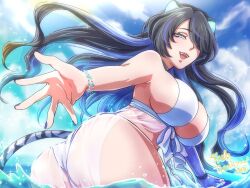 1girl animal_ears ass bikini black_hair blue_eyes bracelet breasts commentary_request commission erina_makina hair_over_one_eye highres jewelry large_breasts long_hair mechanical_arms multicolored_hair ocean open_mouth phase_connect purple_hair purple_nails see-through_clothes single_mechanical_arm skeb_commission solo streaked_hair swimsuit tail thank_you tiger_ears tiger_girl tiger_tail tsubaki_pbwfa virtual_youtuber white_bikini