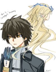 .osari 1boy 1girl black_gloves black_hair black_jacket blonde_hair cartethyia_(wuthering_waves) commentary earrings english_commentary english_text gloves grey_shirt hand_up highres jacket jewelry long_hair male_rover_(wuthering_waves) multiple_earrings pointy_ears rover_(wuthering_waves) shirt tacet_mark_(wuthering_waves) wuthering_waves yellow_eyes