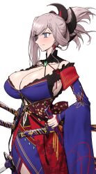 1girl absurdres bare_shoulders blue_eyes breasts cleavage fate/grand_order fate_(series) highres katana large_breasts long_hair miyamoto_musashi_(fate) obi pink_hair sash shiroshisu solo swept_bangs sword weapon