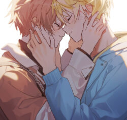 2boys alban_knox black_shirt blonde_hair blue_jacket blush brown_hair closed_eyes closed_mouth commentary fingernails hand_on_another&#039;s_face happy hashtag-only_commentary hood hood_down hooded_jacket jacket lapels layered_sleeves long_sleeves male_focus merry-san_(w00sjn) multiple_boys nijisanji nijisanji_en profile shirt simple_background smile sonny_brisko sonny_brisko_(2nd_costume) touching_forehead two-sided_fabric two-sided_jacket unzipped upper_body white_background yaoi zipper
