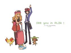 &gt;_&lt; 1boy 1girl :d ^_^ absurdres animal_ear_fluff anniversary bag black-framed_eyewear black_thighhighs blonde_hair blue_pants boots calem_(pokemon) chespin closed_eyes commentary cross-laced_footwear english_commentary english_text eyewear_on_headwear fennekin fox froakie frog gen_6_pokemon hat highres kairubyz long_hair nintendo open_mouth pants pink_hat pokemon pokemon_xy red_hat red_skirt serena_(pokemon) shoulder_bag simple_background skirt sleeping smile starter_pokemon_trio suitcase sunglasses thighhighs waving white-framed_eyewear white_background xd yellow_fur
