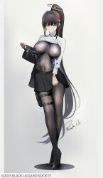 1girl absurdres artist_name black_bodysuit black_hair black_shoes black_skirt blackcat_enjia blue_archive bodysuit breasts breasts_apart bright_pupils chinese_commentary christian_louboutin_(brand) clothes_lift commentary_request copyright_notice covered_navel crossed_ankles full_body gloves hair_intakes halo high_heels high_ponytail highres holding holding_tablet_pc id_card impossible_clothes lanyard large_breasts long_hair looking_at_viewer louboutins ponytail pouch pumps red_eyes red_soles rio_(blue_archive) shoes signature single_glove skirt solo standing stiletto_heels sweater sweater_lift tablet_pc thigh_pouch very_long_hair watch white_sweater wristwatch