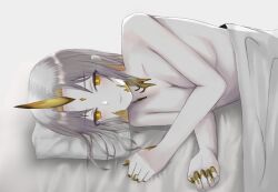 1girl bed bed_sheet blush breasts clenched_hand colored_skin completely_nude convenient_censoring fire_emblem fire_emblem_heroes grey_skin gullveig_(fire_emblem) highres horns large_breasts long_hair looking_at_viewer lying naked_sheet nintendo nude pillow single_horn skeleton_y smile white_hair yellow_eyes