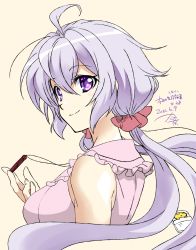 1girl ahoge bare_shoulders breasts closed_mouth dated hair_between_eyes highres kanna_(plum) large_breasts light_purple_hair long_hair looking_at_viewer low_twintails numbered painttool_sai_(medium) purple_eyes scrunchie senki_zesshou_symphogear shiny_skin simple_background solo symphogear_pendant twintails yukine_chris