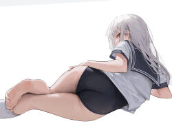 1girl ankle_socks ass ass_focus black_one-piece_swimsuit black_sailor_collar blunt_bangs commentary_request feet hand_on_own_hip highres leviathan_(hikinito0902) long_hair looking_at_viewer lying on_side one-piece_swimsuit original red_eyes sailor_collar school_uniform serafuku short_sleeves simple_background single_bare_foot socks solo swimsuit swimsuit_under_clothes thick_thighs thighs white_background white_hair white_socks