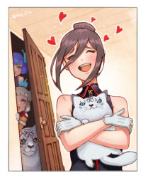 3girls :d animal_ears artist_name bare_shoulders blood blue_eyes blue_hair border brighid_(xenoblade) brown_hair cat_ears cat_girl closed_mouth doll door dromarch_(xenoblade) gloves grey_hair hair_bun heart hey_cre highres indoors jumpsuit morag_ladair_(xenoblade) multiple_girls nia_(xenoblade) nosebleed hugging_object open_mouth shirt single_hair_bun sleeveless sleeveless_shirt smile tiger white_border white_gloves xenoblade_chronicles_(series) xenoblade_chronicles_2 yellow_eyes yellow_jumpsuit