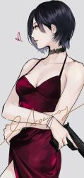 Rule 34 | 1girl, ada wong, bare shoulders, black choker, black hair, bracelet, breasts, chinese commentary, choker, cleavage, closed mouth, collarbone, commentary request, cowboy shot, crossed arms, dress, grey background, gun, heart, holding, holding gun, holding weapon, jewelry, lips, looking to the side, medium breasts, meow (cindy738), pink lips, red dress, resident evil, short hair, solo, spaghetti strap, weapon
