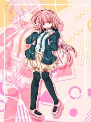 1girl :o backpack bag black_jacket black_shirt black_thighhighs brown_skirt colorful_background danganronpa_(series) danganronpa_2:_goodbye_despair hands_up highres jacket medium_hair miniskirt multiple_views nanami_chiaki no_hair_ornament open_clothes open_jacket pink_bag pink_hair pink_shoes pleated_skirt reirou_leilou shirt shoes skirt thighhighs two-tone_shirt white_shirt