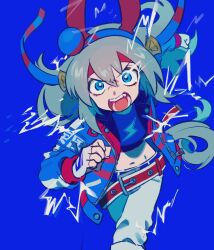 1girl animal_ears belt blue_background blue_eyes blue_jacket blue_shirt commentary_request crop_top ear_covers fingerless_gloves gloves grey_hair highres horse_ears horse_girl horse_tail jacket lightning lightning_bolt_symbol long_hair nara_123 open_mouth pants red_belt running shirt simple_background solo tail tamamo_cross_(umamusume) teeth umamusume v-shaped_eyebrows white_gloves white_pants