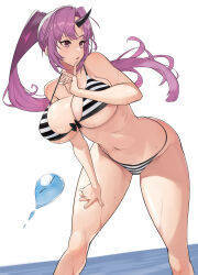 Rule 34 | 1girl, bare shoulders, bikini, blush, breasts, cleavage, hareno chiame, highres, horns, large breasts, long hair, navel, oni, parted bangs, ponytail, purple eyes, purple hair, shion (tensura), single horn, slime (creature), striped bikini, striped clothes, swimsuit, tensei shitara slime datta ken, thighs