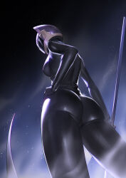 1girl absurdres ass black_bodysuit black_gloves bodysuit breasts cat_ear_helmet celty_sturluson durarara!! from_behind from_below gloves hand_on_own_hip helmet highres holding holding_scythe medium_breasts night night_sky scythe skin_tight sky solo star_(sky) starry_sky thighs tupiao_shaonu yellow_helmet