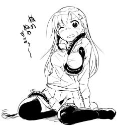 10s 1girl between_breasts breasts eel female_focus greyscale hair_ornament hairclip kantai_collection large_breasts long_hair monochrome open_mouth school_uniform skirt solo suzuya_(kancolle) thighhighs watarai_keiji
