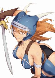 1girl absurdres arado_balanga_(xchd7538) armlet armor ass bare_shoulders black_panties blue_armor breasts brown_eyes brown_gloves brown_hair cleavage daisy_(dq) dragon_quest dragon_quest_yuusha_abel_densetsu fake_horns gloves helmet highres horned_helmet horns jewelry lips long_hair looking_at_viewer panties simple_background smile solo sword thighhighs underwear weapon white_background