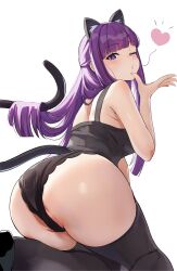 1girl animal_ears ass black_panties black_thighhighs blowing_kiss blunt_bangs breasts cat_ears cat_tail cut_bangs fern_(sousou_no_frieren) from_behind heart highres kneeling large_breasts long_hair looking_at_viewer looking_back panties purple_eyes purple_hair solo sousou_no_frieren tail thighhighs underwear white_background yami_anko