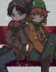 Rule 34 | 2boys, animification, beanie, bench, black hair, blue eyes, blue pants, brown jacket, coat, fur hat, green eyes, grey pants, hat, jacket, keiseki1, kyle broflovski, male focus, mittens, multiple boys, orange hair, orange jacket, pants, sitting, snowing, south park, stan marsh, ushanka, winter clothes, winter coat