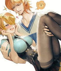 1boy 1girl archived_source black_necktie black_pantyhose black_skirt blonde_hair blue_shirt blush breasts carrying collared_shirt dollar_sign genderswap genderswap_(ftm) genderswap_(mtf) hair_over_one_eye heart heart-shaped_pupils large_breasts money_bag nami_(one_piece) nami_(one_piece)_(east_blue) necktie one_piece orange_hair pantyhose parted_lips princess_carry runa_(nori31291404) sanji_(one_piece) shirt short_hair short_sleeves simple_background skirt smile sparkle speech_bubble striped_clothes striped_shirt symbol-shaped_pupils thought_bubble v-neck white_background
