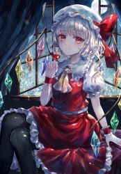 1girl absurdres ascot blonde_hair closed_mouth crystal crystal_wings cup drinking_glass feet_out_of_frame flandre_scarlet frilled_shirt_collar frilled_skirt frills hair_between_eyes hat hat_ribbon highres looking_at_viewer mob_cap puffy_short_sleeves puffy_sleeves red_eyes red_skirt red_vest ribbon short_hair short_sleeves side_ponytail sitting skirt solo suzushina touhou vest wine_glass wings wrist_cuffs yellow_ascot