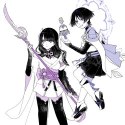 1boy 1girl arm_armor armor bell belt black_shorts blunt_bangs blunt_ends bow breasts bridal_gauntlets cape cleavage closed_mouth engulfing_lightning_(genshin_impact) expressionless floating floating_object floating_weapon genshin_impact hakama hakama_shorts hand_up heart highres holding holding_polearm holding_weapon japanese_armor japanese_clothes jewelry kimono kimono_skirt kote kurokote leg_warmers long_hair low-braided_long_hair low-tied_long_hair magic_circle mandarin_collar middle_ring mother_and_son mxxu_box naginata obi obiage obijime off_shoulder okobo open_hand open_mouth parted_bangs partially_colored pink_ribbon platform_sandals polearm purple_eyes purple_rope raiden_shogun ribbon ring rope sandals sash scaramouche_(genshin_impact) short_sleeves shorts shrug_(clothing) single_sidelock socks tassel thighhighs toes tulaytullah&#039;s_remembrance_(genshin_impact) vision_(genshin_impact) wanderer_(genshin_impact) weapon wide_sleeves