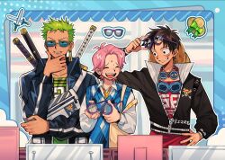 Rule 34 | 3boys, ^ ^, black hair, blue-tinted eyewear, closed eyes, collared jacket, commentary, goggles, goggles around neck, green hair, hand on own hip, hashtag-only commentary, hat, highres, holding, holding removed eyewear, jacket, jewelry, jolly roger, ki2ri5, koby (one piece), male focus, monkey d. luffy, multiple boys, necklace, one piece, pearl necklace, pink hair, roronoa zoro, scar, scar on face, short hair, straw hat, straw hats jolly roger, sweatdrop, sword, sword on back, symbol-only commentary, tinted eyewear, twitter username, unworn eyewear, upper body, v-shaped eyebrows, weapon, weapon on back