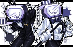 1boy 9aaaalt29 ant_tenna black_bow black_bowtie black_jacket black_pants bow bowtie cane crt deltarune fangs gloves grin hat highres holding holding_cane holding_unworn_clothes holding_unworn_hat jacket letterboxed male_focus multiple_views notice_lines object_head outline pants pixel_art pointy_nose shirt shirt_tucked_in smile suspenders unworn_hat unworn_headwear white_gloves white_outline white_shirt
