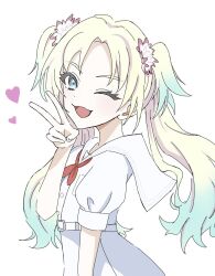 1girl ;d blonde_hair blue_eyes blue_hair blush breast_pocket dress fang flower gradient_hair hair_flower hair_ornament hasu_no_sora_school_uniform heart highres link!_like!_love_live! long_hair love_live! multicolored_hair neckerchief one_eye_closed open_mouth osawa_rurino parted_bangs pink_flower pocket puffy_short_sleeves puffy_sleeves red_neckerchief sailor_collar sailor_dress school_uniform short_sleeves simple_background skin_fang smile solo summer_uniform twintails v virtual_youtuber white_background white_dress white_sailor_collar yu_(i_17_170)