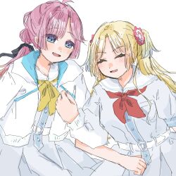 2girls :d ^_^ ahoge anyoji_hime black_ribbon blonde_hair blue_dress blue_eyes blue_hair blunt_sidelocks blush closed_eyes commentary dress gradient_hair hair_ribbon hasu_no_sora_school_uniform highres hood hooded_jacket jacket link!_like!_love_live! locked_arms long_sleeves love_live! mira-cra_park! multi-tied_hair multicolored_hair multiple_girls neckerchief open_clothes open_jacket open_mouth osawa_rurino pink_hair ponytail puffy_short_sleeves puffy_sleeves red_neckerchief ribbon sailor_collar sailor_dress school_uniform short_sleeves sidelocks simple_background skp1cnqfehmpasi smile virtual_youtuber white_background white_jacket white_sailor_collar yellow_neckerchief