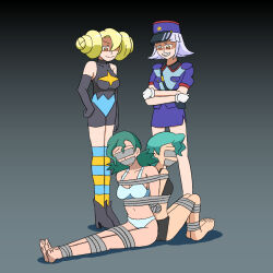 4girls aged_down annie_(pokemon) bare_shoulders blonde_hair bound cosplay crossed_arms double_bun family gloves green_eyes grin hair_bun hair_over_one_eye hand_on_own_hip hat highres jenny_(pokemon) jenny_(pokemon)_(cosplay) long_glove marble_(pokemon) miniskirt multiple_girls nintendo oakley_(pokemon) orange_eyes pokemon pokemon_(anime) pokemon_(classic_anime) pokemon_dp059 pokemon_dppt_(anime) pokemon_heroes:_latios_&amp;_latias police police_hat police_uniform policewoman purple_hair skirt smile spandex striped_clothes striped_thighhighs tape tape_bondage thighhighs tied_up_(nonsexual) underwear