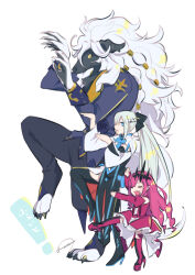 1boy 2girls animal_ears baobhan_sith_(fate) baobhan_sith_(first_ascension)_(fate) black_bow black_dress blue_eyes bow braid cocozome dress fate/grand_order fate_(series) formal_clothes furry furry_male hair_between_eyes hair_bow half_up_braid long_hair looking_at_viewer morgan_le_fay_(fate) morgan_le_fay_(first_ascension)_(fate) multiple_girls open_mouth pointy_ears ponytail simple_background smile suit very_long_hair white_hair woodwose_(fate)