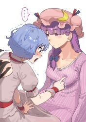 2girls bat_wings blue_hair blush breasts cleavage closed_mouth crescent crescent_hat_ornament dress expressionless hair_ribbon hat hat_ornament highres large_breasts long_hair long_sleeves looking_at_breasts medium_hair mob_cap multiple_girls no_headwear open_mouth patchouli_knowledge pink_dress purple_eyes purple_hair red_eyes remilia_scarlet ribbon shirt short_sleeves skirt sobayu_to_tenpura surprised touhou vampire white_background white_shirt white_skirt wings wrist_cuffs