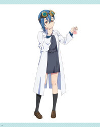1girl artbook black_socks blue_hair dress flask full_body goggles goggles_on_head grey_dress hair_between_eyes hand_on_own_chin highres holding kneehighs lab_coat loafers long_sleeves love_live! love_live!_superstar!! non-web_source official_art orange_eyes red_ribbon ribbon school_uniform shoes short_hair smile socks solo standing summer_uniform wakana_shiki yuigaoka_school_uniform