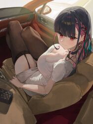 Rule 34 | 1girl, absurdres, bag, black hair, black thighhighs, blunt bangs, breasts, car interior, choker, cleavage, clutch purse, dress, earrings, garter straps, handbag, highres, jewelry, large breasts, long hair, looking at viewer, m.q (mqkyrie), multicolored hair, original, pink hair, red eyes, sitting, smile, solo, thighhighs, two-tone hair, white dress
