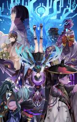 Rule 34 | 1girl, 6+boys, absurdres, anemo symbol (genshin impact), aqua eyes, aqua gemstone, aqua hair, architecture, arm up, armor, arms at sides, ascot, belt, black belt, black bodysuit, black bridal gauntlets, black feathers, black hair, black hat, black kimono, black leggings, black mask, black sandals, black shorts, black shrug, black sleeves, black undershirt, black veil, blonde hair, blue background, blue cape, blue kimono, blue petals, blue sleeves, blunt ends, bodysuit, bridal gauntlets, bright pupils, brown hair, brown kimono, brown sleeves, cape, ce5 ez, closed mouth, clothing cutout, coat, collarbone, dottore (genshin impact), east asian architecture, electro symbol (genshin impact), eye mask, falling petals, fan hair ornament, fatui coat, feathers, floral print, floral print kimono, flower, fur collar, furisode, gem, genshin impact, glowing markings, gold, gold ring, green eyes, green kimono, green sleeves, hair between eyes, hair flower, hair ornament, hakama, hakama shorts, halo, hand on own hip, hat, headscarf, highres, holding, holding stuffed toy, inazuma city, irminsul, japanese armor, japanese clothes, jewelry, jingasa, juban, kariginu, kimono, kote, kurokote, lapels, layered sleeves, leg warmers, leggings, long hair, long sleeves, looking at viewer, looking to the side, low-braided long hair, low-tied long hair, lower eyelashes only, mandarin collar, mecha, mechanical halo, middle ring, mitsudomoe (shape), multicolored hair, multiple boys, multiple persona, neck ring, neck tassel, niwa (genshin impact), o-ring, obi, off shoulder, open hand, open mouth, orange eyes, petals, pleated shorts, pom pom (clothes), print kimono, purple ascot, purple eyes, purple flower, purple gemstone, purple hair, purple kimono, purple rope, purple sash, purple sleeves, purple veil, raiden shogun, red hair, red hat, red kimono, robot, rope, sandals, sash, scaramouche&#039;s sickly friend (genshin impact), scaramouche (genshin impact), scaramouche (kabukimono) (genshin impact), scaramouche (shouki no kami) (genshin impact), see-through clothes, see-through veil, sharp teeth, short sleeves, shorts, shoulder cutout, shoulder peek, shrug (clothing), sideways mouth, single sidelock, smile, smirk, stirrup legwear, streaked hair, stuffed toy, tassel, tassel hair ornament, teeth, toeless legwear, toes, tomoe (symbol), two-tone hat, upside-down, veil, wanderer (genshin impact), white coat, white kimono, white leg warmers, white mouth, white petals, white pupils, white sleeves, wrist wrap, yellow feathers, zouri
