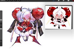 art_program_in_frame black_horns bubble_skirt candy_apple candy_apple_cookie candy_apple_hair_ornament cookie_run cookie_run:_kingdom demon_horns food ghstflowerz highres horns pantyhose puffy_short_sleeves puffy_sleeves red_eyes short_sleeves skirt striped_clothes striped_pantyhose two-tone_pantyhose white_hair